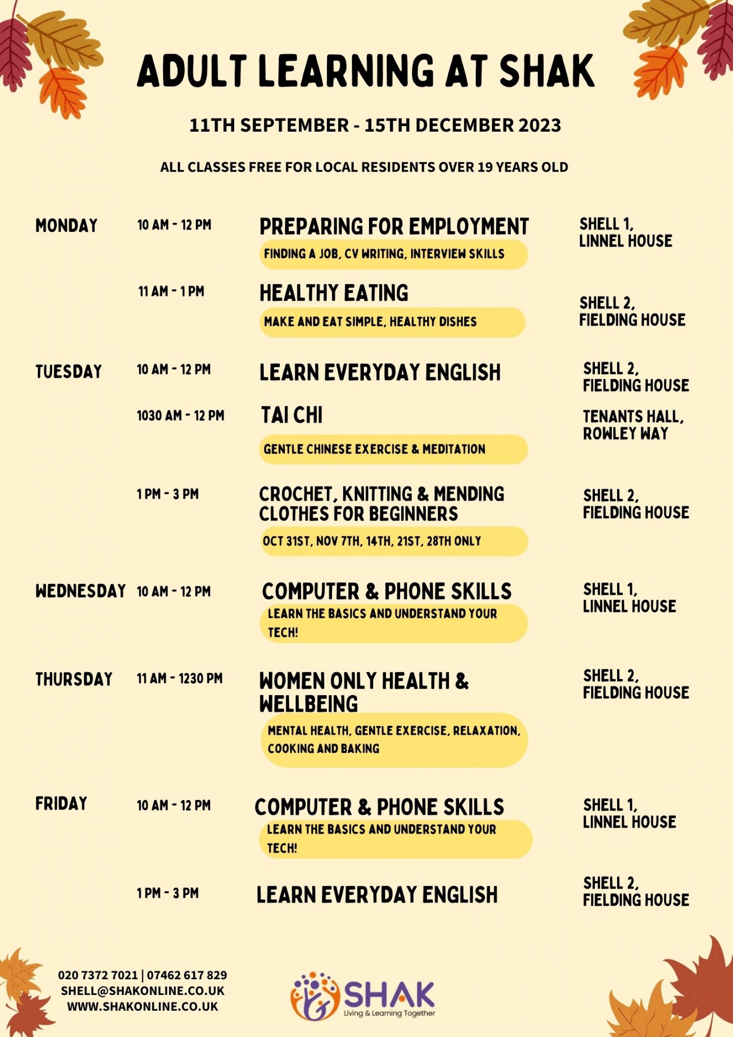 Shak Online Shell timetable